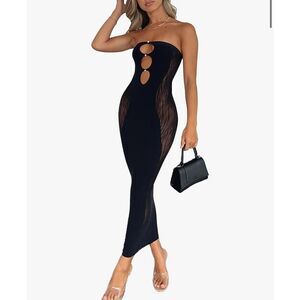 Women’s Strapless Black Cut-Out Mesh Panel Dress – Sexy Bodycon Dress (Sz Large)